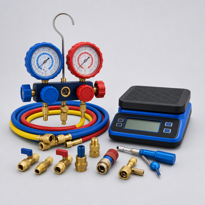 HVAC manifold gauge set with hoses, digital scale and charging accessories