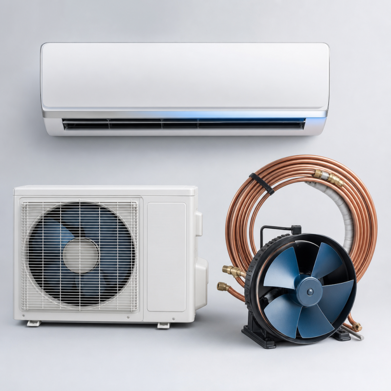 Air conditioning system components including mini-split unit, compressor and copper line set