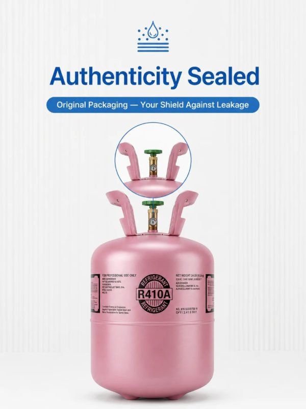 Authenticity sealed R-410A cylinder in original packaging
