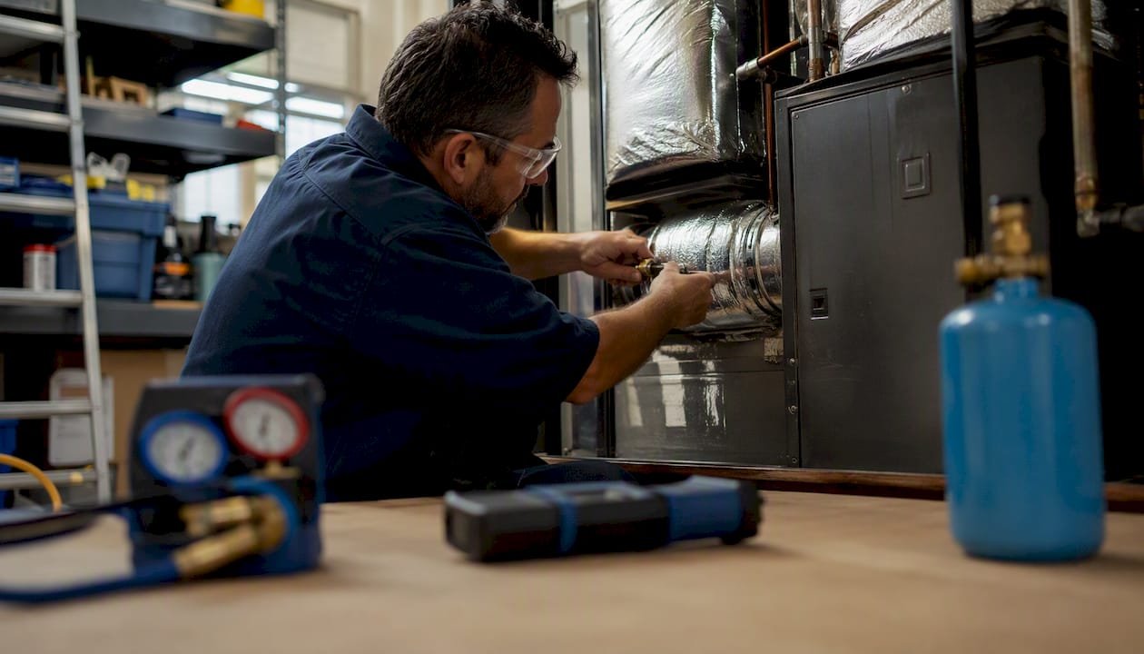 Technician connecting ducts to air handler
