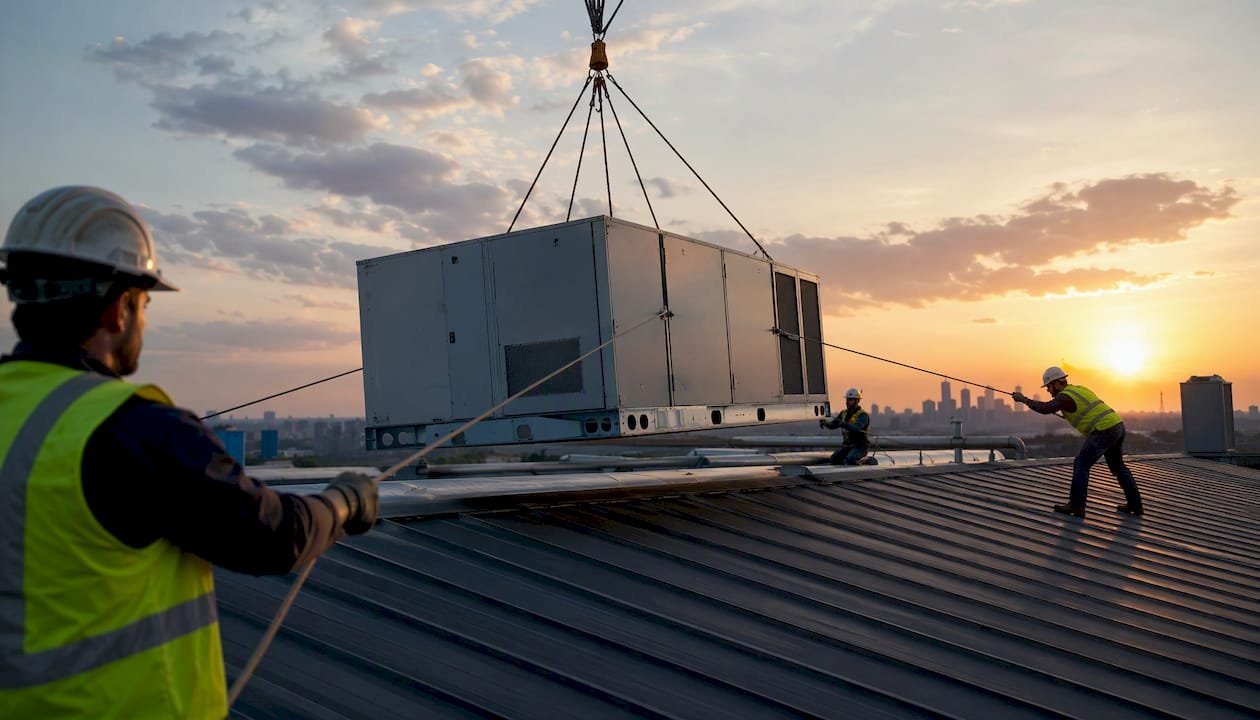 Rooftop HVAC unit lifted by crane with workers hands