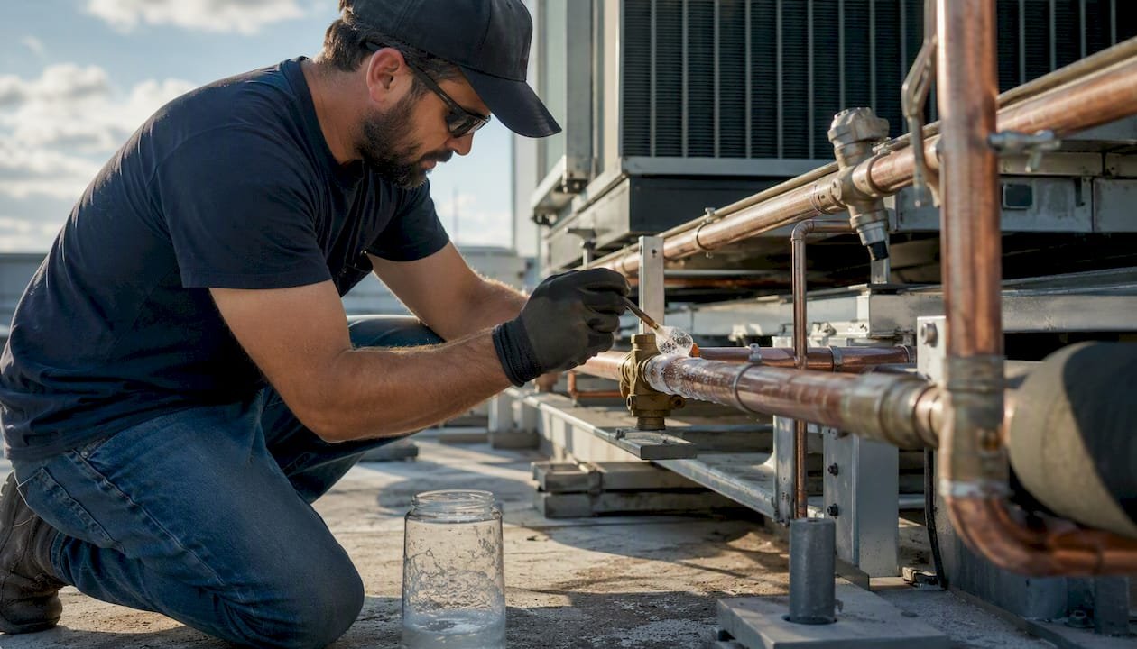 Gloved hand applying bubble solution on HVAC pipe joints