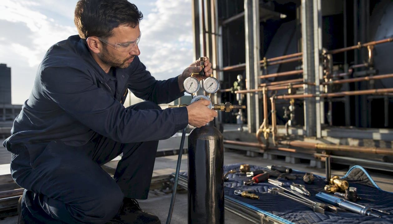 Technician attaching regulator to nitrogen cylinder near HVAC pipes