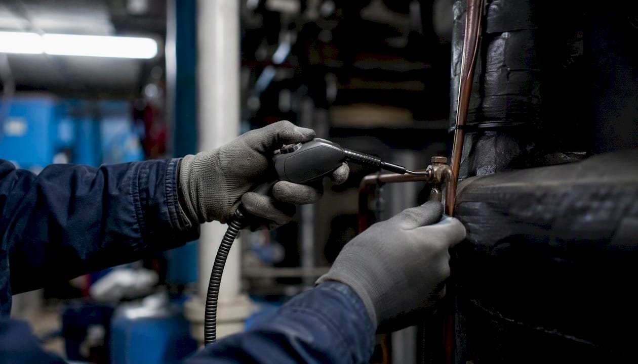 Technician using refrigerant leak detector on HVAC pipe
