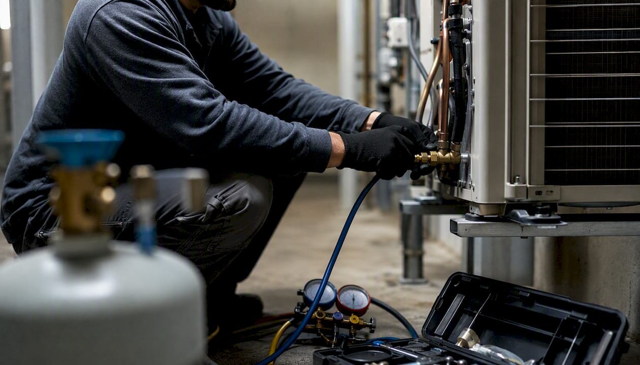 Technician charging R-32 HVAC system
