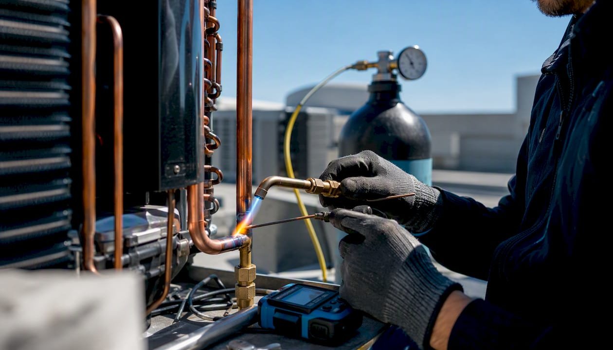 Technician brazing copper pipes with nitrogen purge