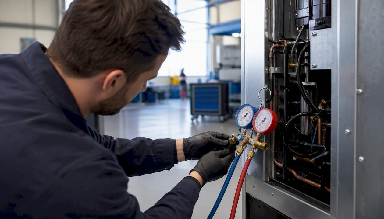 Technician attaching refrigerant gauge to HVAC system