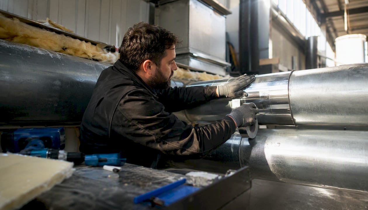 Applying foil tape to HVAC duct joint