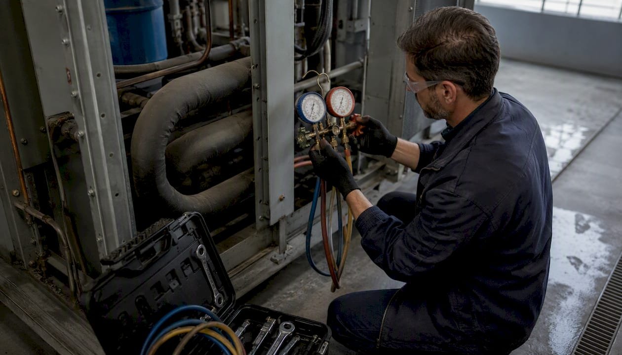 Technician adjusting HVAC refrigerant gauges