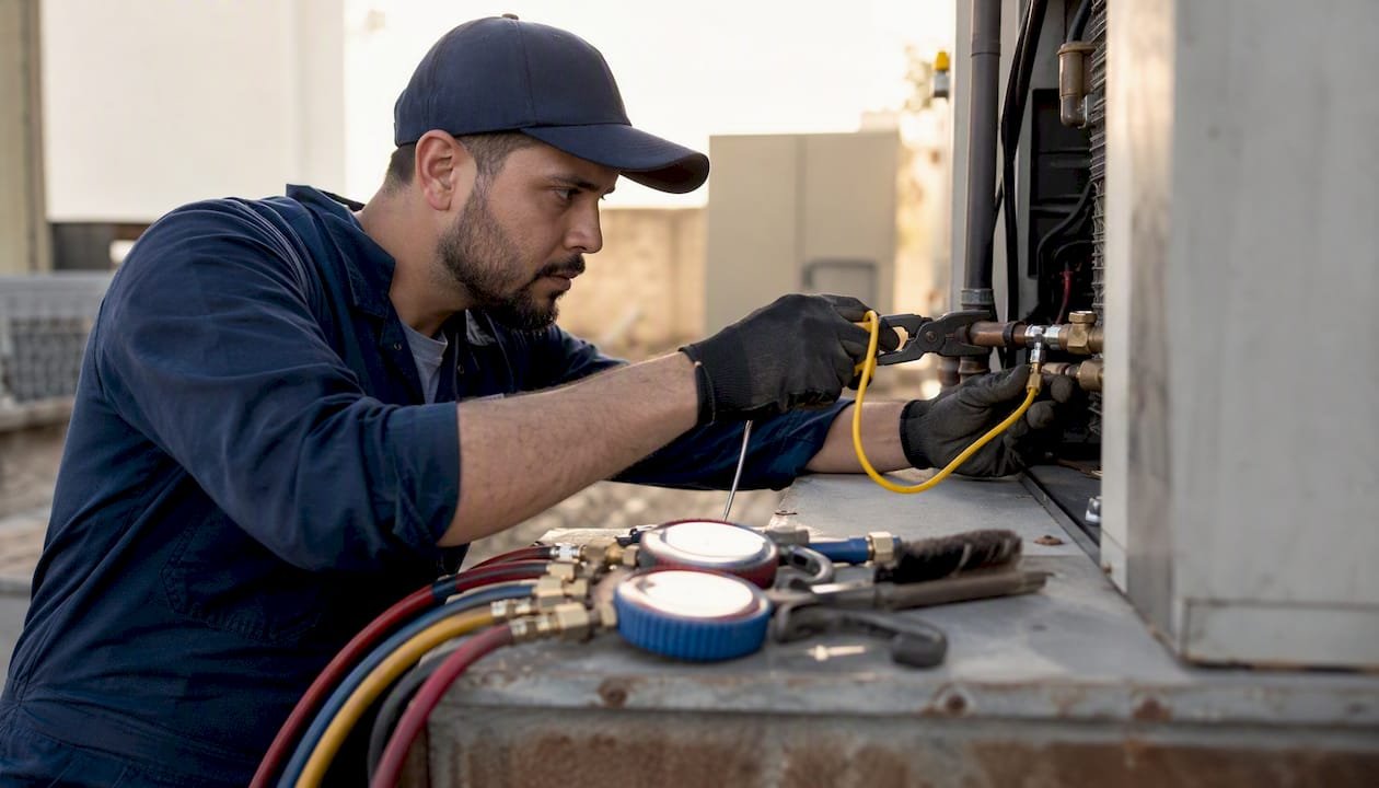 Technician clamping thermocouple on copper refrigeration line