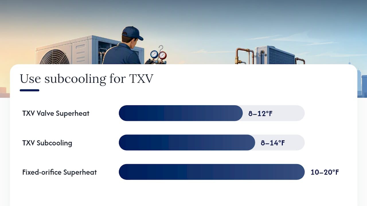 Comparison diagram of TXV and fixed-orifice charging metrics