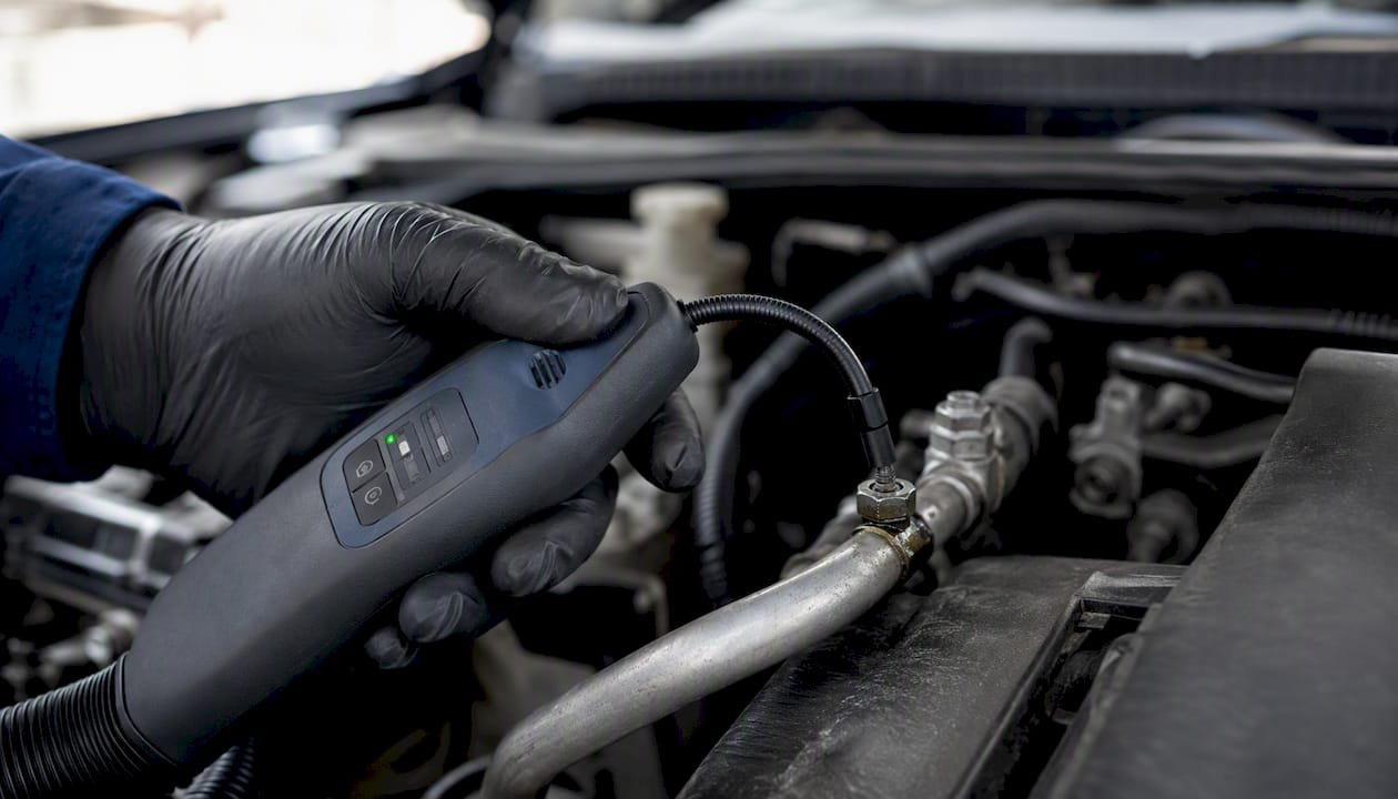 Technician scanning automotive AC fittings for leaks