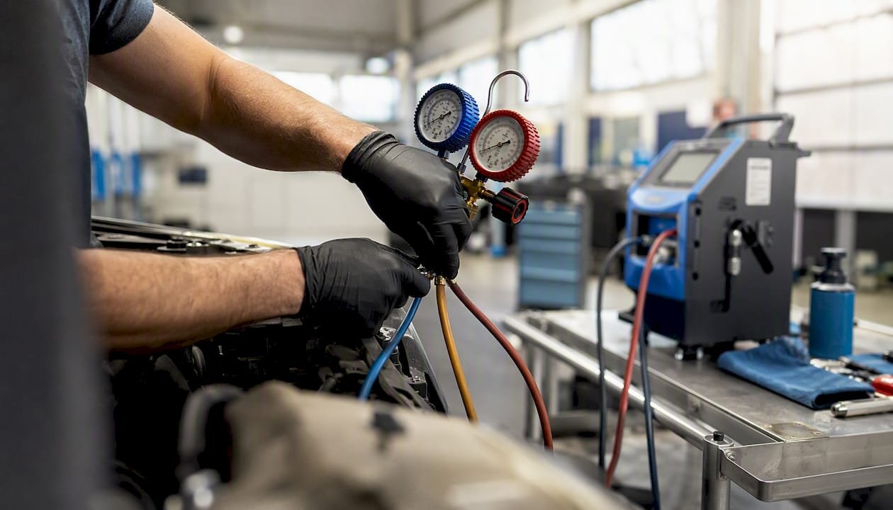 Technician attaching AC gauges on vehicle