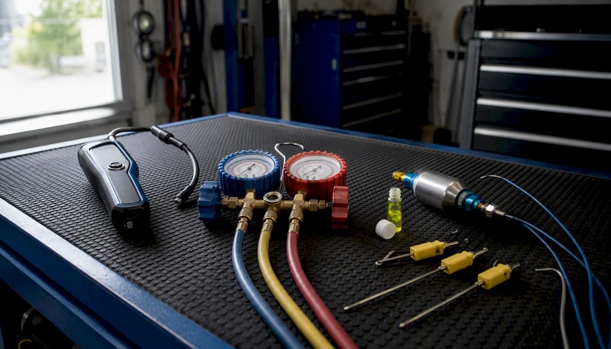 Calibrated automotive AC service tools arranged