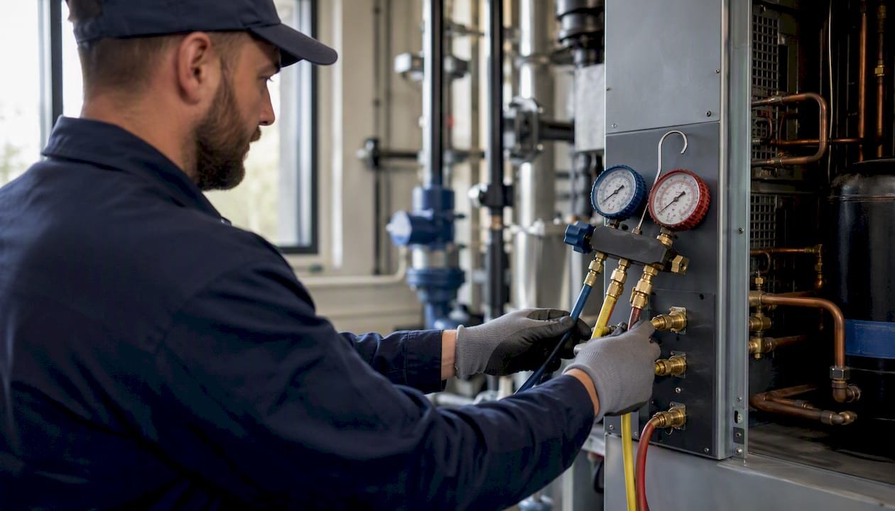 HVAC technician attaching refrigerant gauges