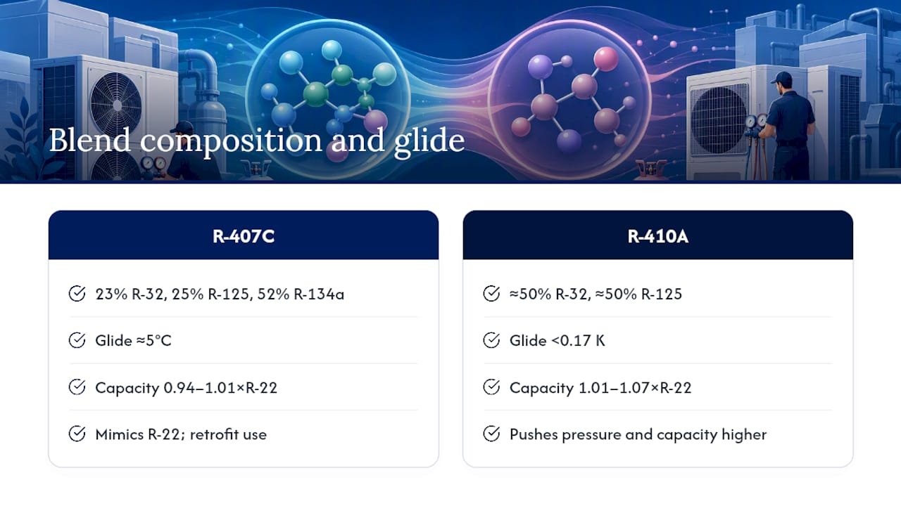 Diagram comparing R407C and R410A refrigerant compositions and glide