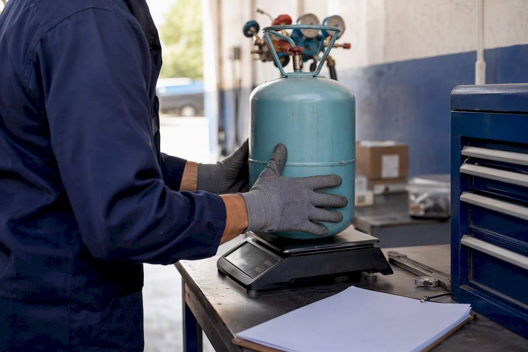 Technician weighing refrigerant recovery cylinder