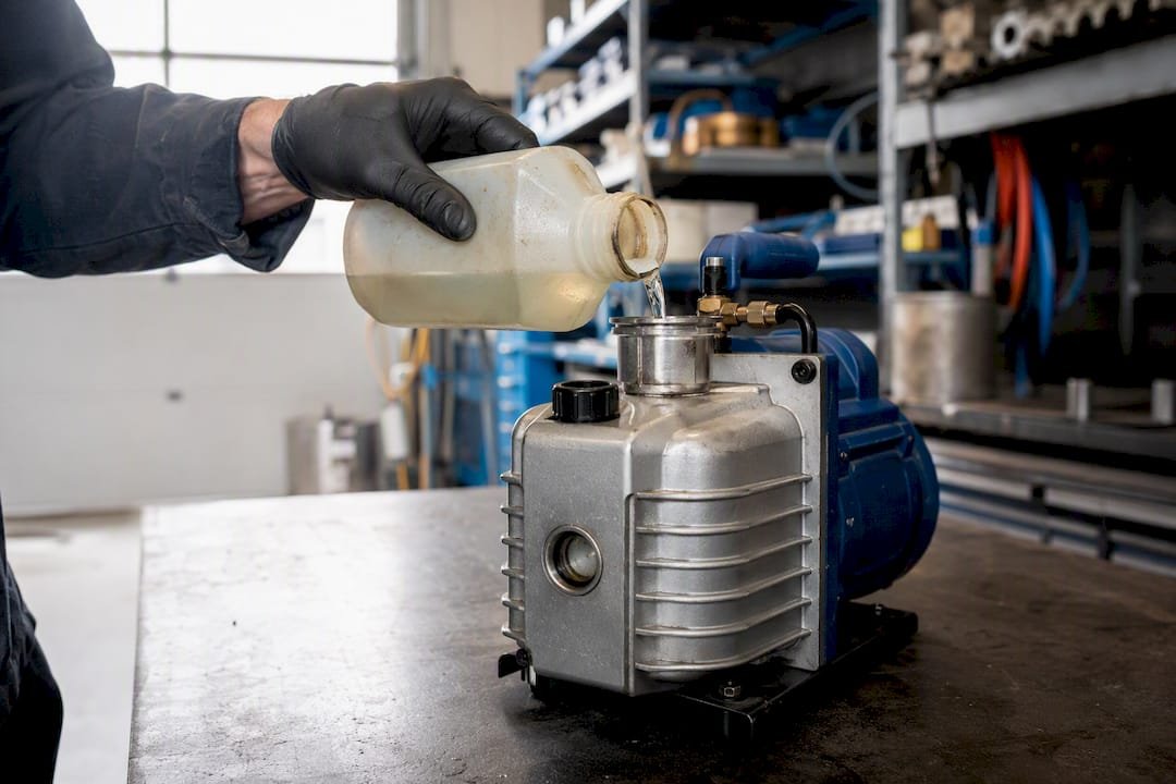 Pouring vacuum pump oil into vacuum pump
