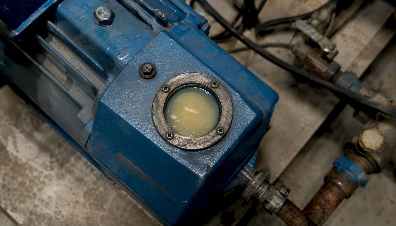 Vacuum pump sight glass showing cloudy contaminated oil