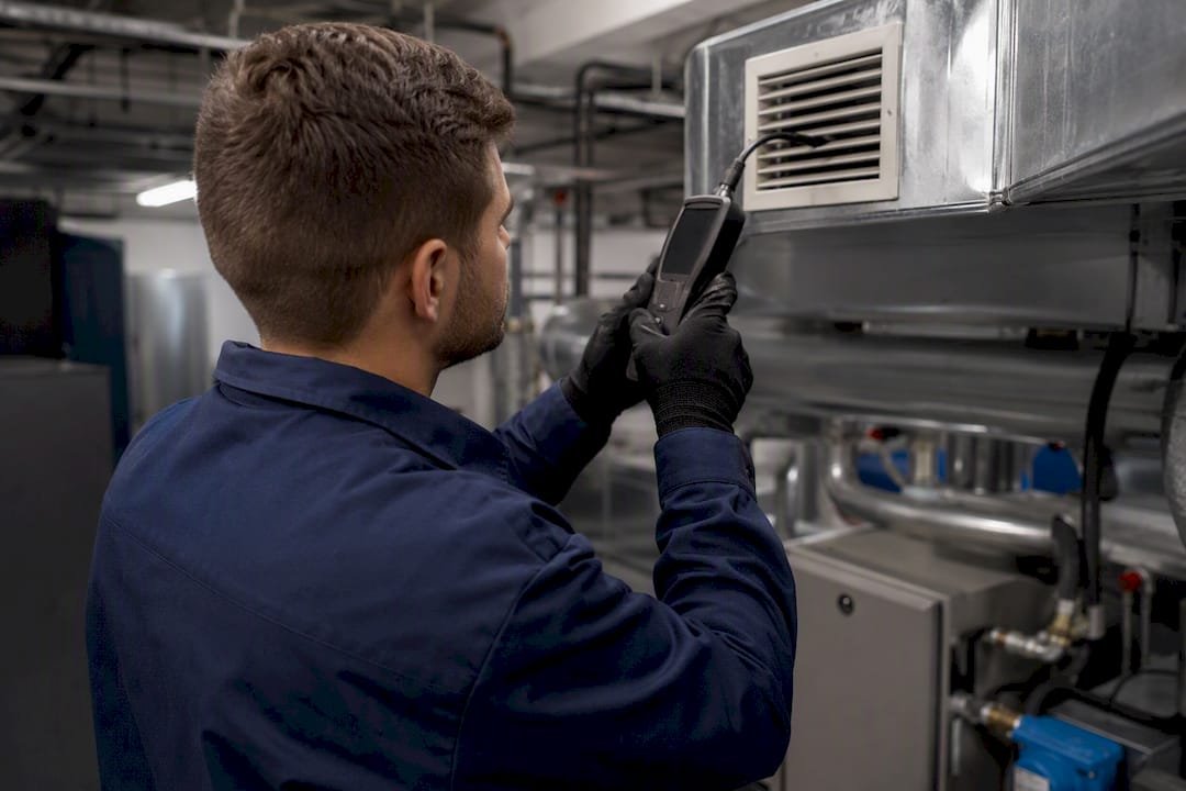 Technician measuring office air quality in mechanical room