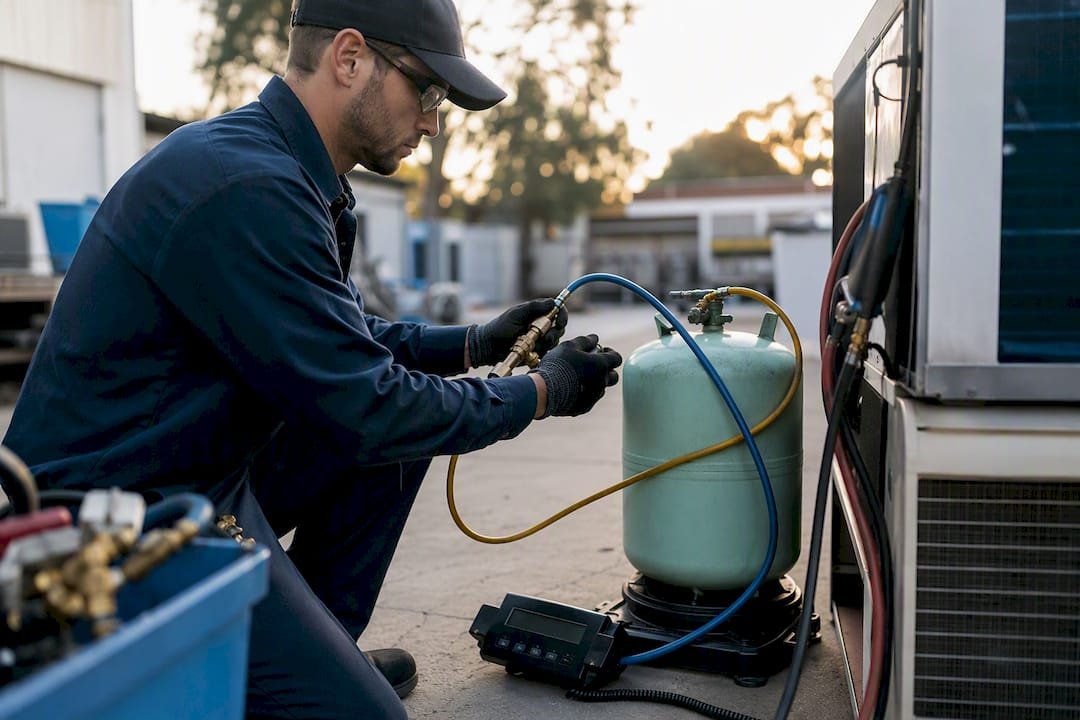 Technician weighing refrigerant cylinder