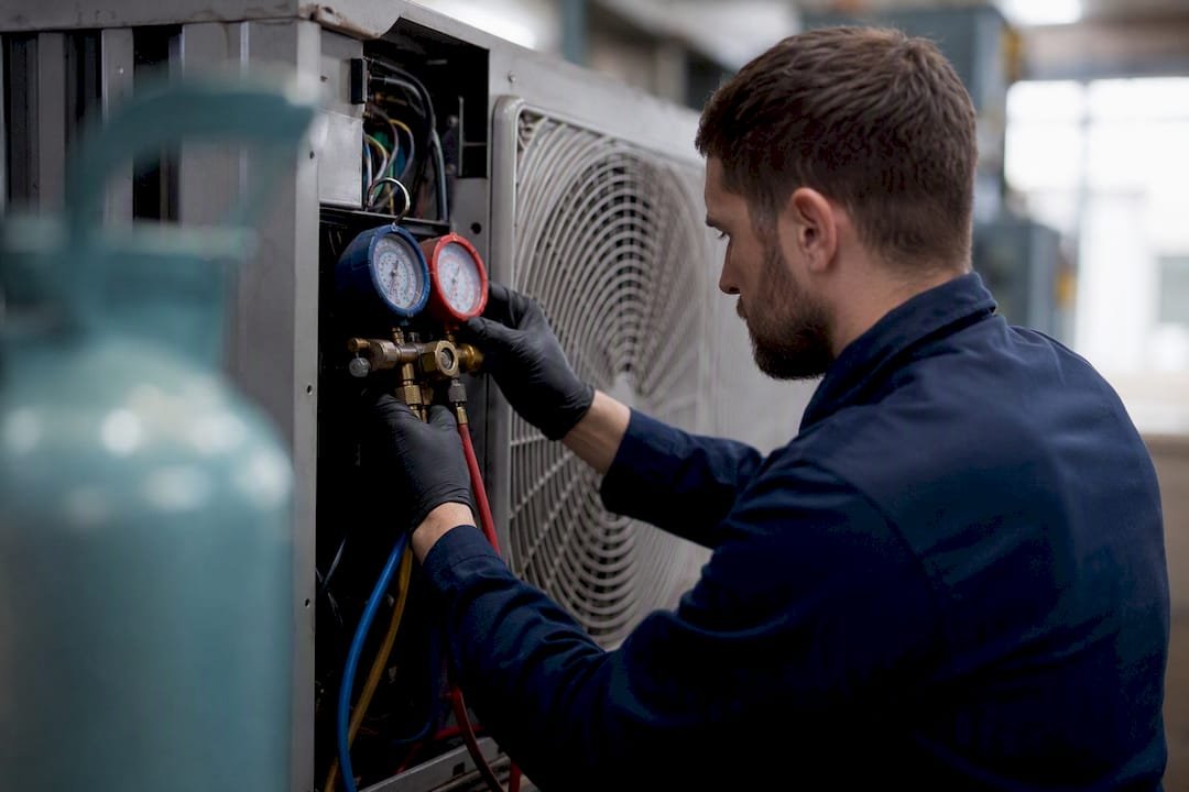 Technician attaching refrigerant gauges in mechanical room