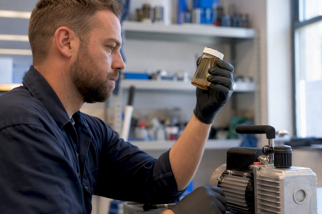 Technician inspecting vacuum pump oil sample