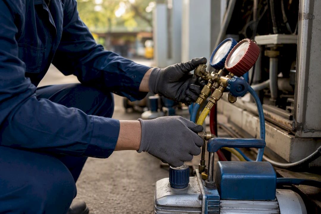 Technician adjusting vacuum pump gauges in mechanical room
