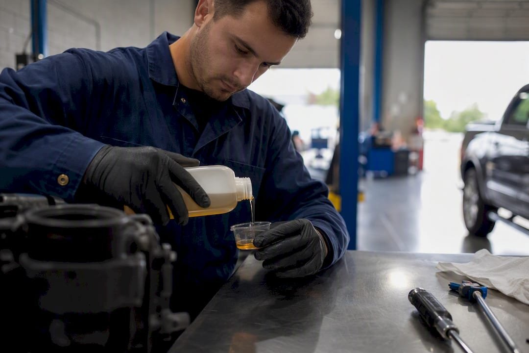 Technician pouring automotive AC compressor oil