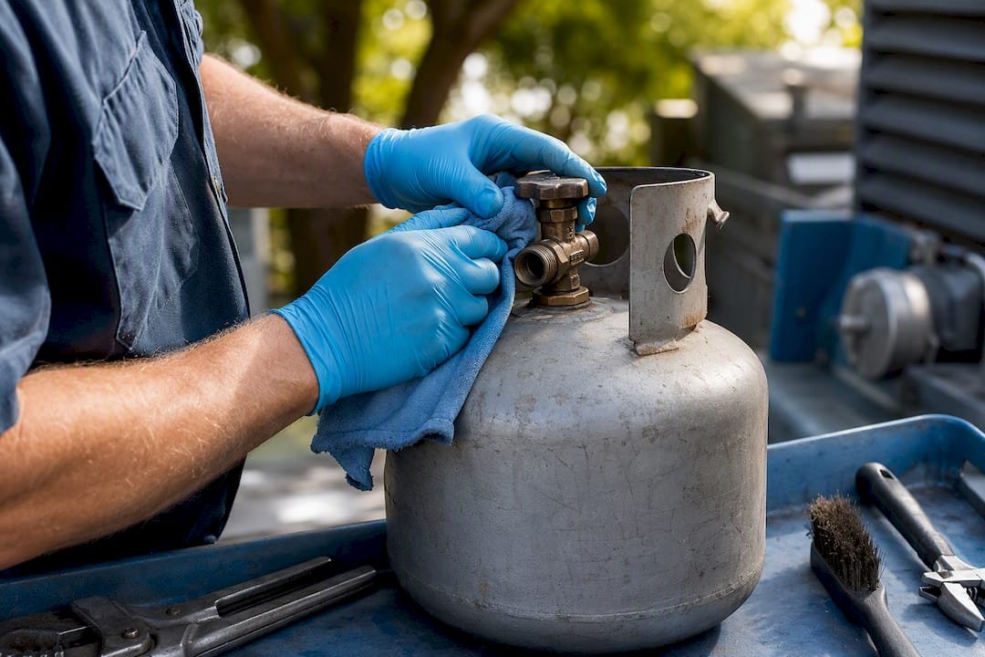 Hands cleaning propane cylinder before inspection