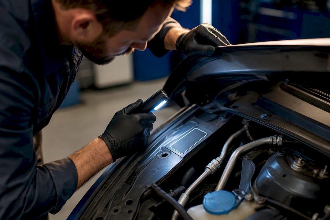 Technician checking automotive AC refrigerant information