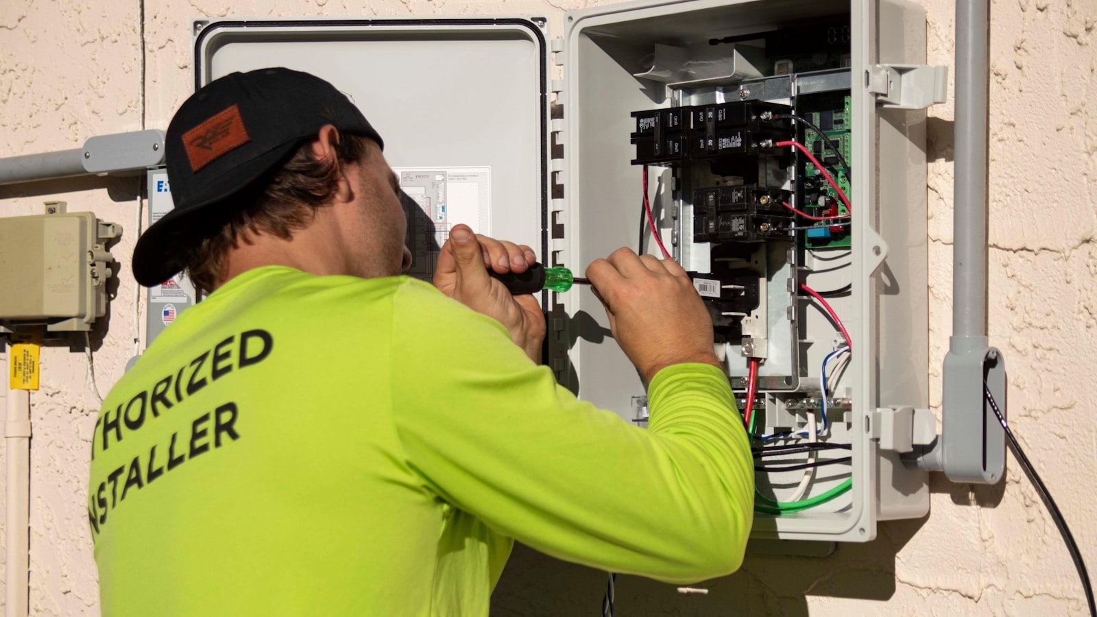HVAC technician servicing an outdoor air conditioner