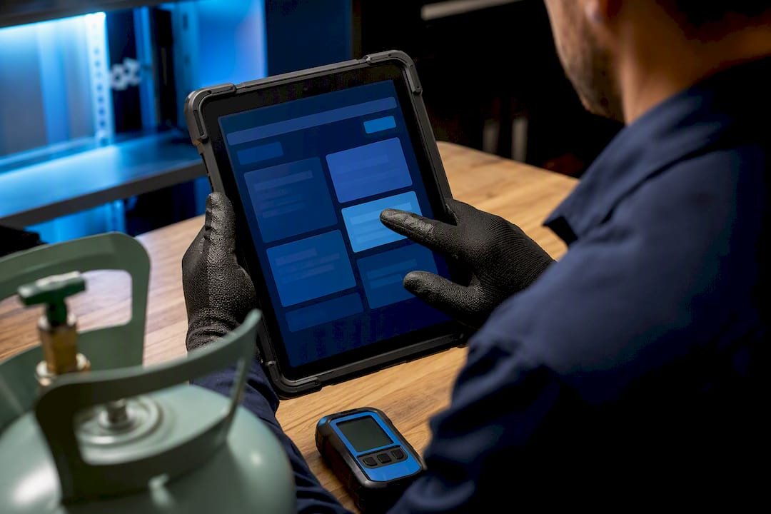 Technician reviewing refrigerant SDS safety data