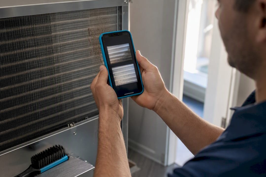 Phone photographing HVAC coil condition