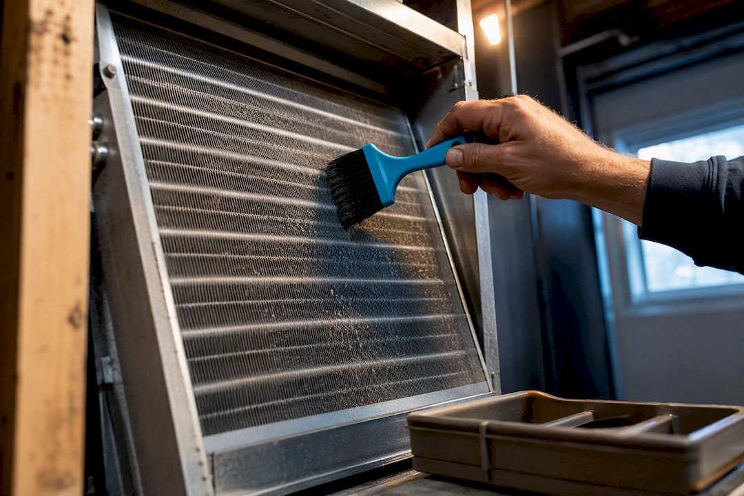 Technician brushing dust from coil fins