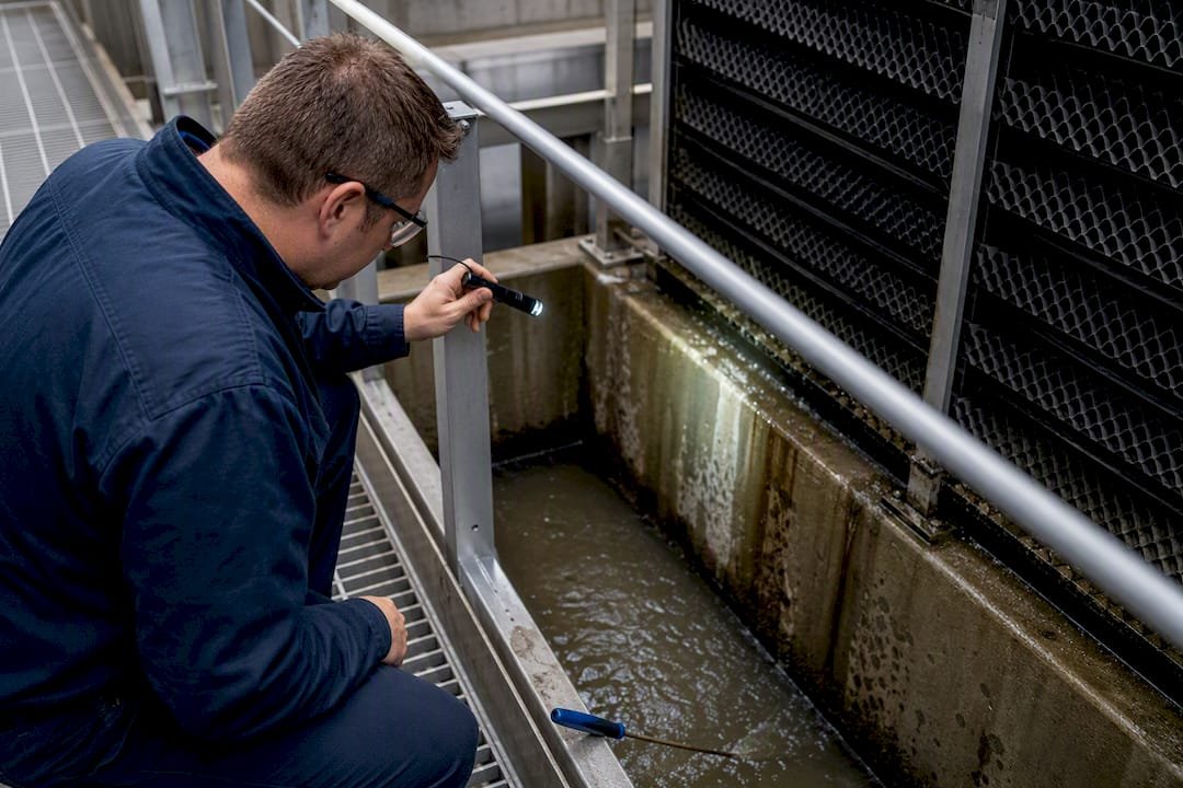 Technician inspecting commercial cooling tower basin