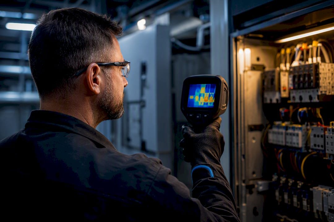 Technician performing commercial HVAC panel inspection
