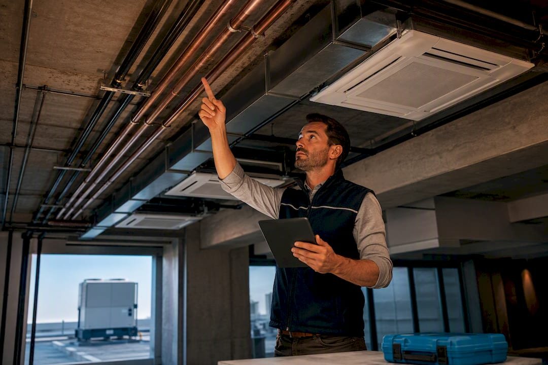 Engineer examining commercial HVAC distribution systems