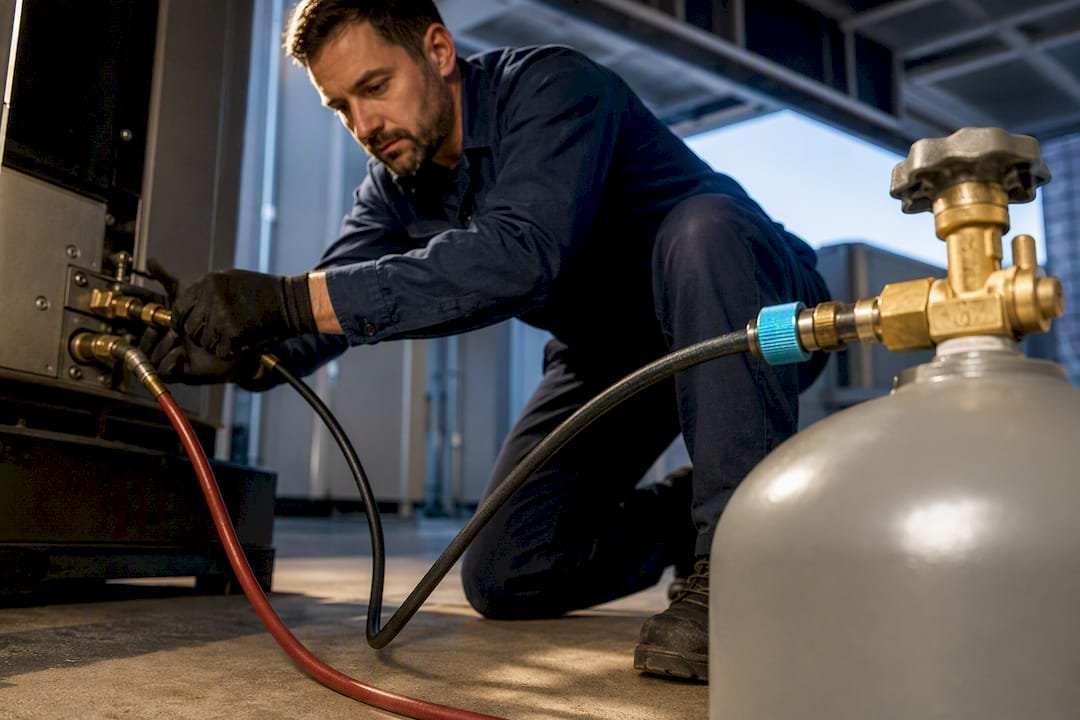 Technician setting up refrigerant recovery equipment