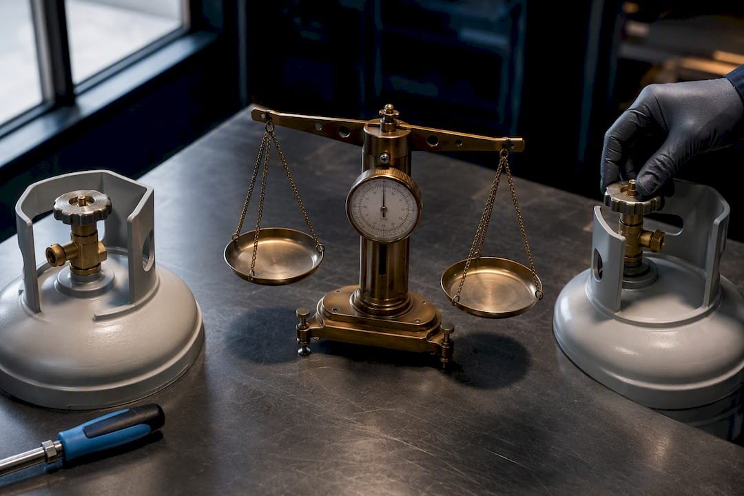 Anonymous refrigerant valves beside calibrated weighing scale