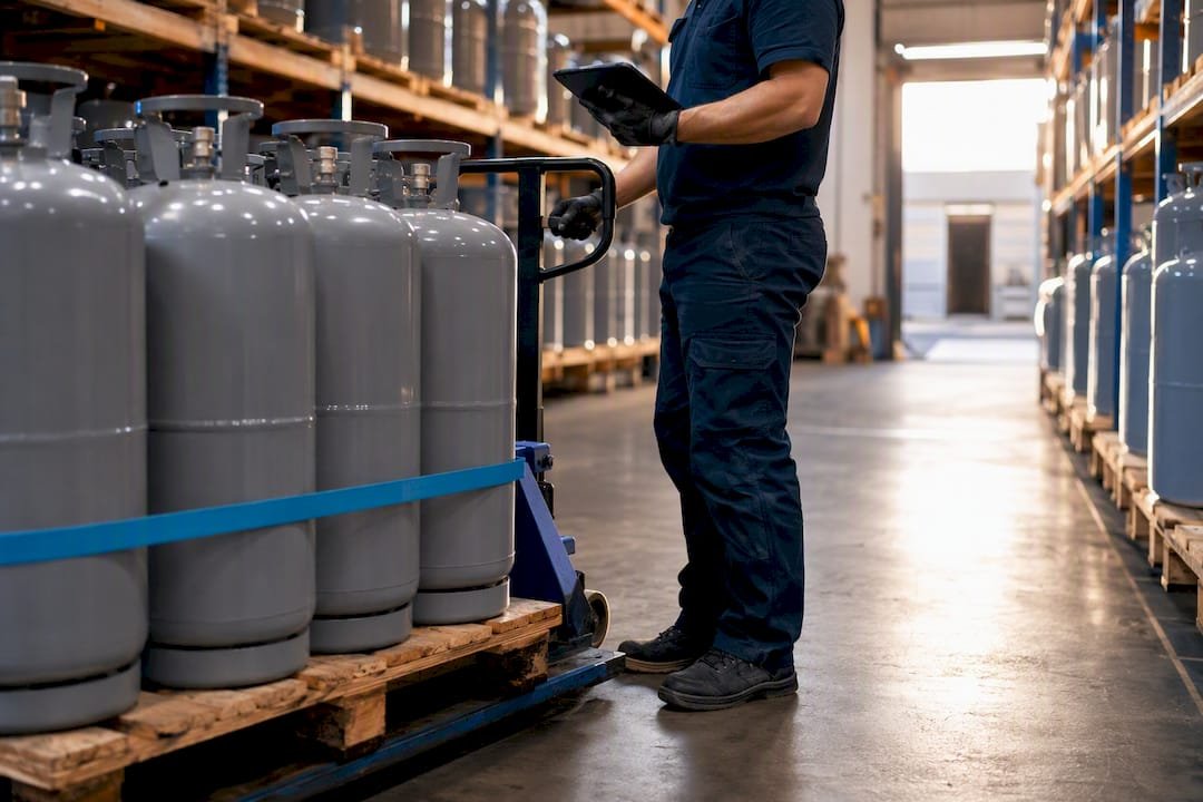 Contractor checking refrigerant warehouse inventory