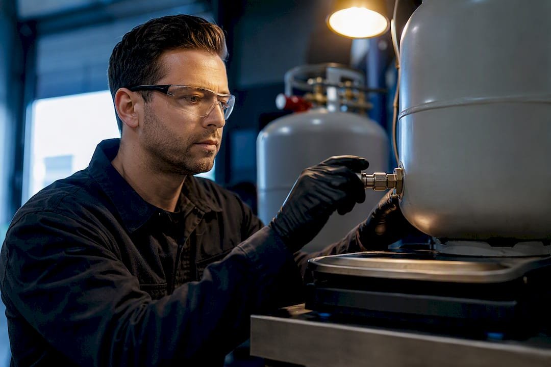 Technician checking refrigerant cylinder valve